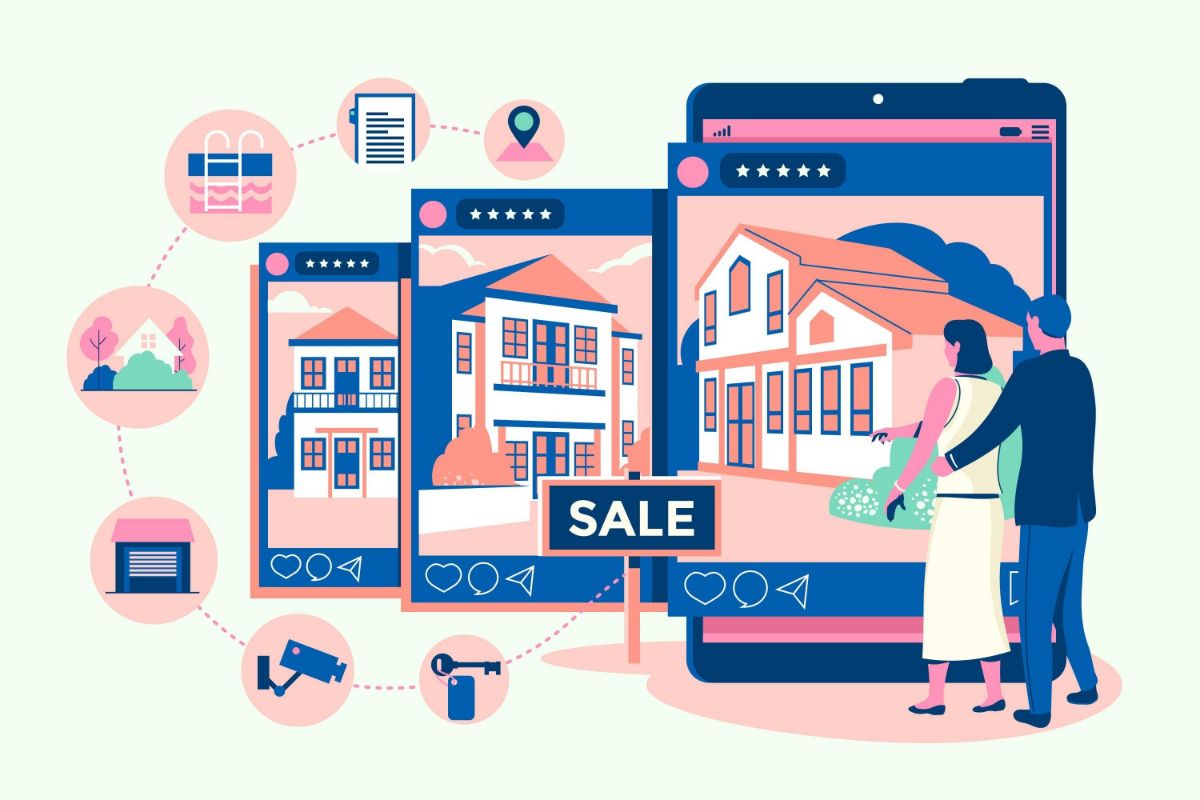 ilustração de alguns dispositivos móveis com imóveis à venda ilustração de alguns dispositivos móveis com imóveis à venda
