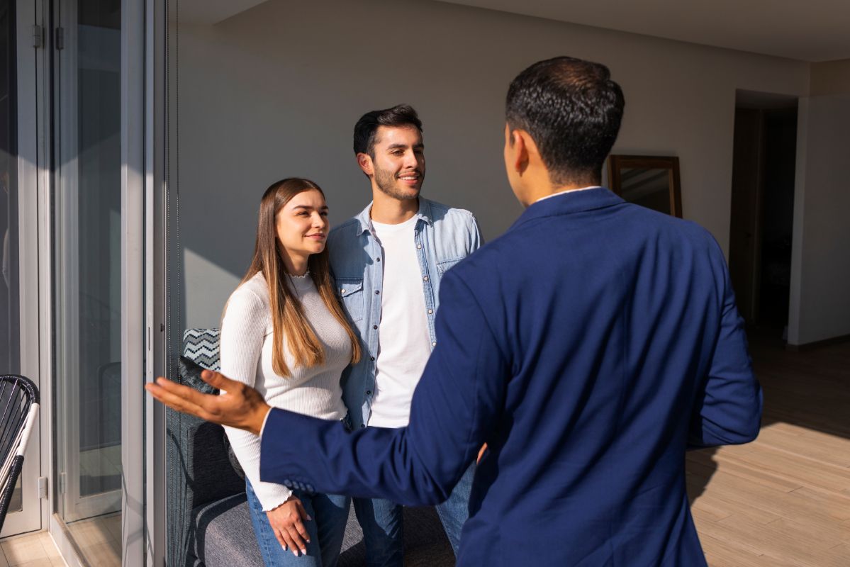 consultor imobiliário apresentando imóvel para um casal consultor imobiliário apresentando imóvel para um casal