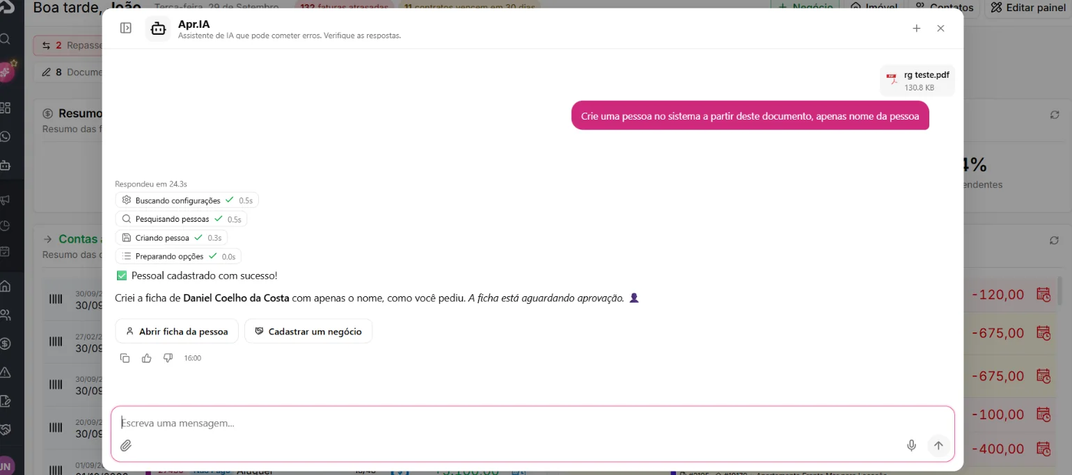 Apr.IA criando o cadastro de uma pessoa a partir de um documento em PDF, com aviso de aguardando aprovação
