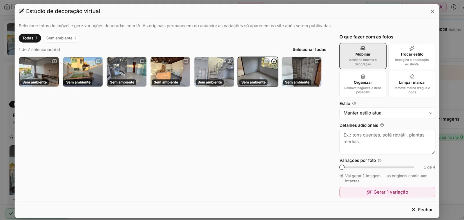 Estúdio de decoração virtual com opções Mobiliar, Trocar estilo, Organizar e Limpar marca