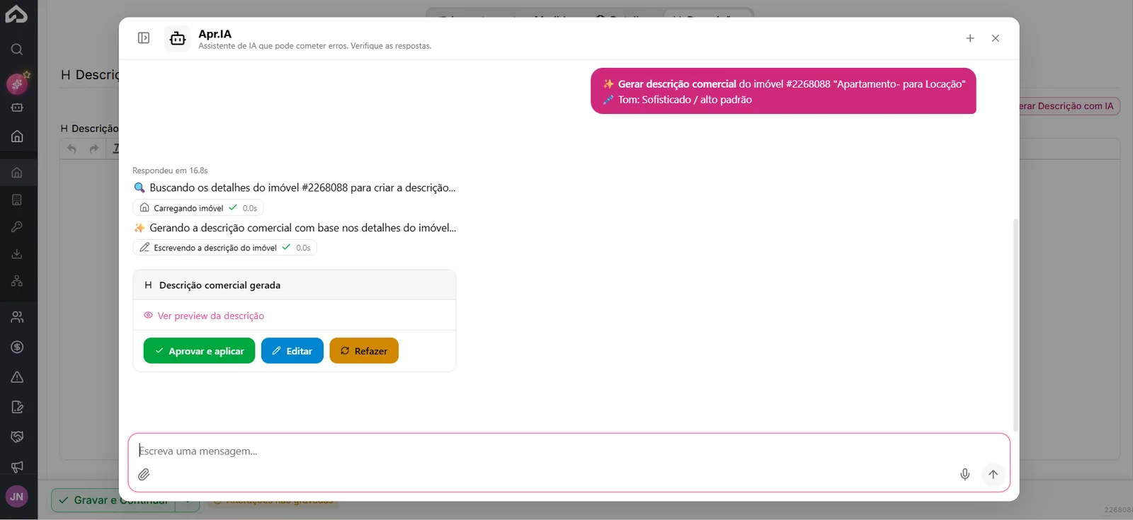 Apr.IA gerando a descrição comercial de um imóvel, com botões Aprovar e aplicar, Editar e Refazer