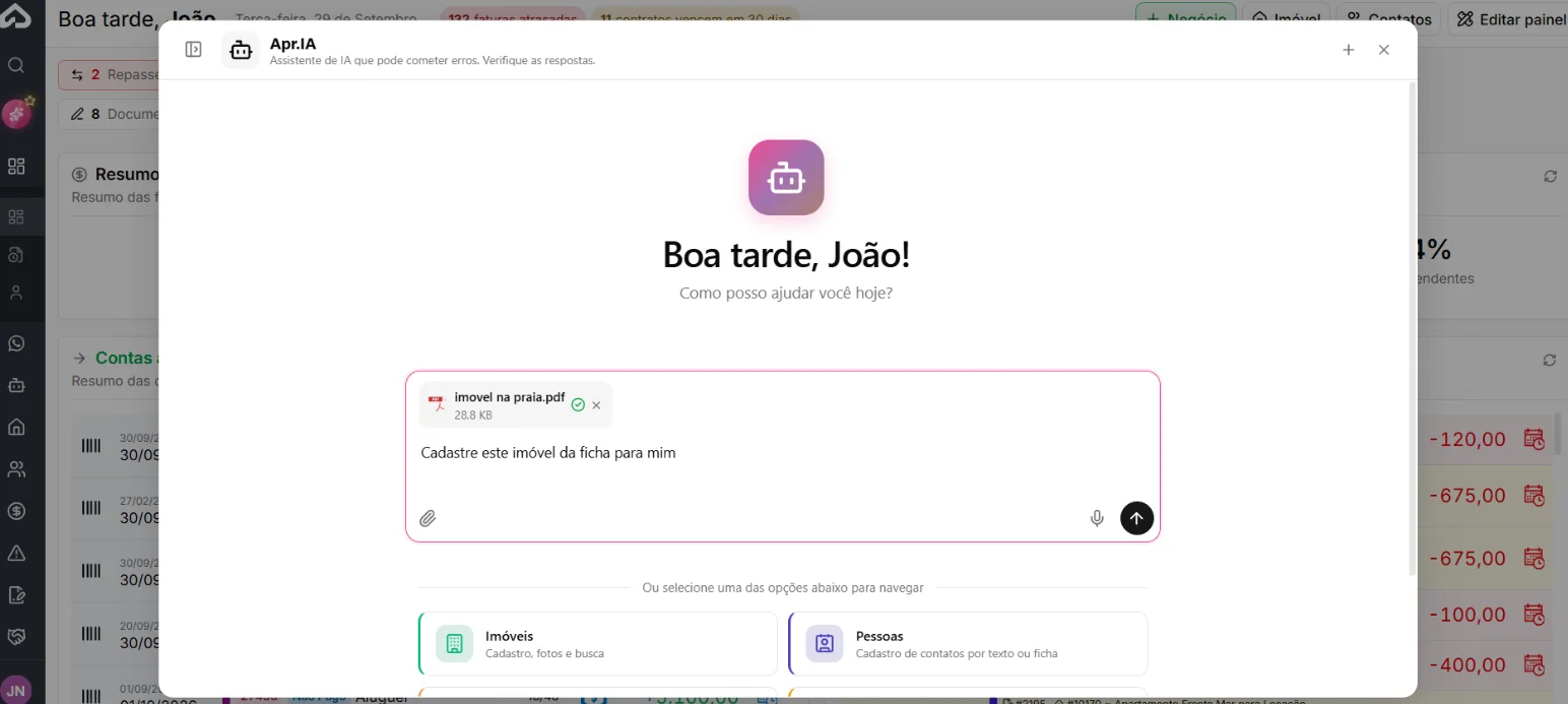 Apr.IA recebendo um PDF de ficha do imóvel com o pedido “Cadastre este imóvel da ficha para mim”