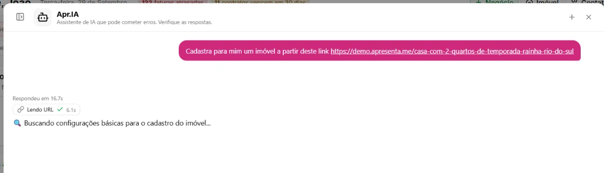 Apr.IA lendo o link de um anúncio para cadastrar o imóvel automaticamente