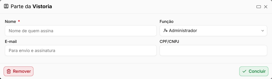 Tela Parte da Vistoria, com nome de quem assina, função, e-mail para envio e assinatura e CPF ou CNPJ