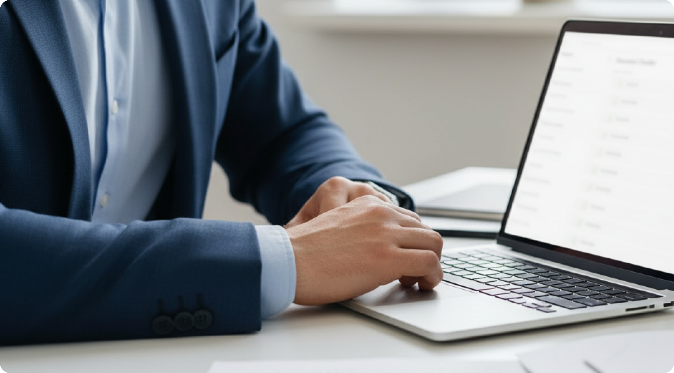 Profissional de terno usando um notebook sobre a mesa de trabalho