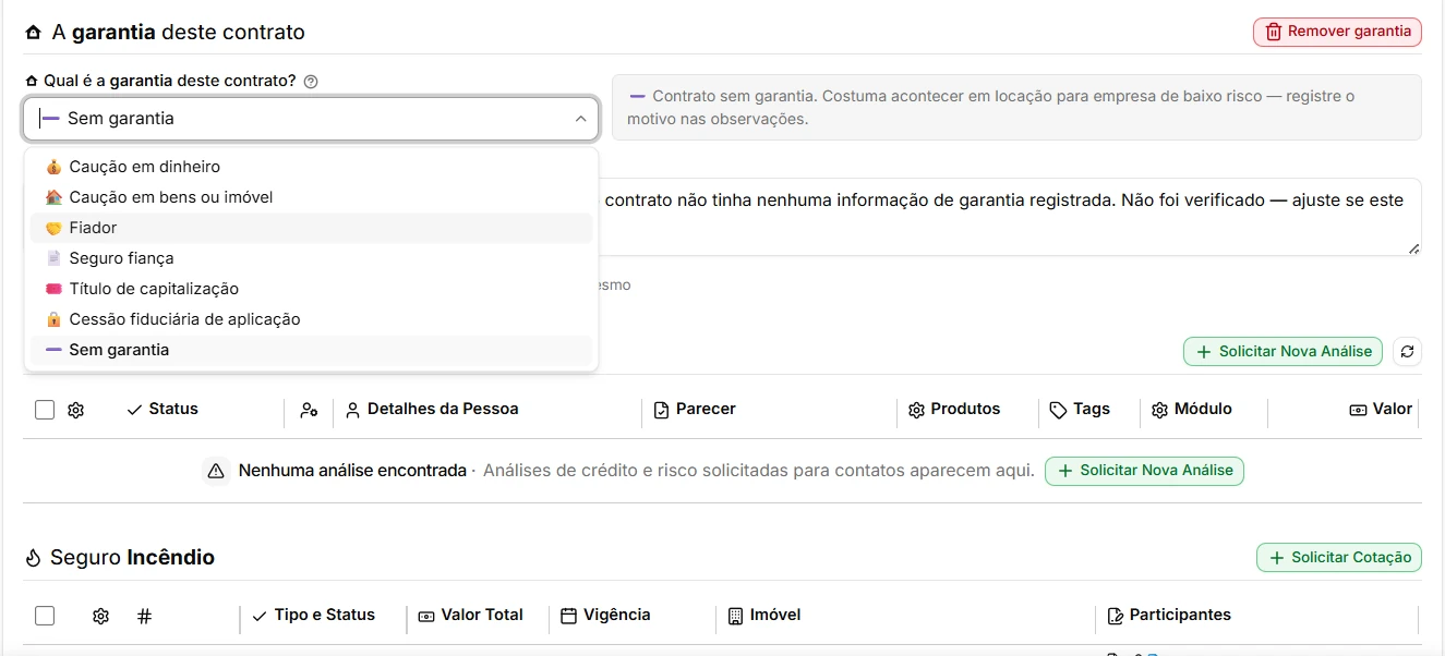 Tela da garantia do contrato com a lista de modalidades: caução, fiador, seguro fiança, título de capitalização e cessão fiduciária