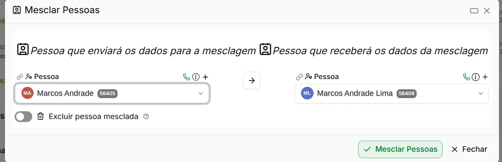 Tela de mesclar pessoas do Apresenta.me, unindo dois cadastros da mesma pessoa