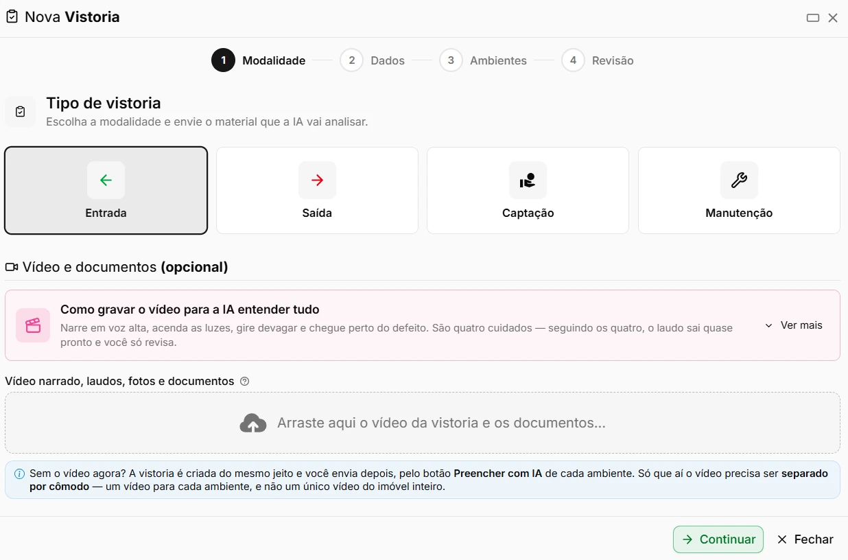 Tela Nova Vistoria, com a escolha do tipo (entrada, saída, captação ou manutenção) e o envio do vídeo e dos documentos para a IA