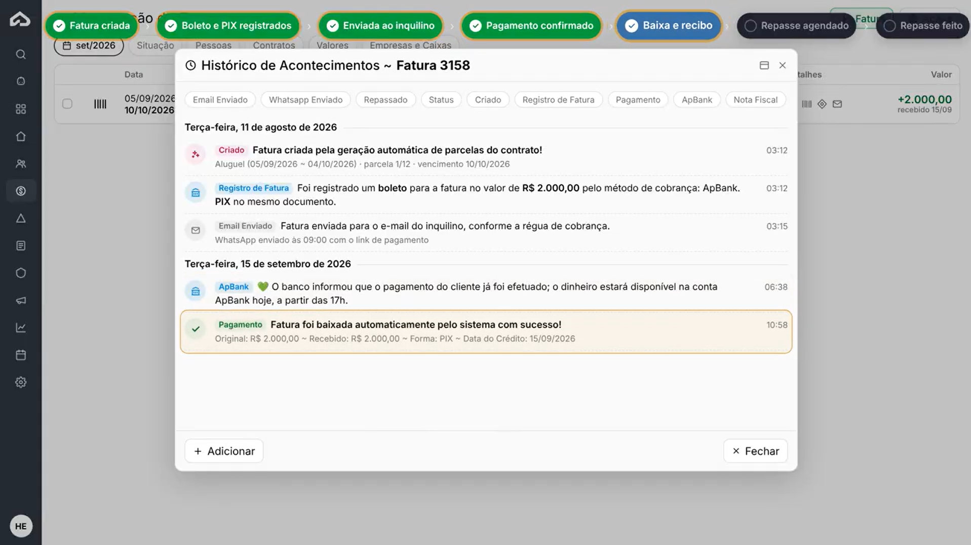03 Ciclo da cobrança (16s) O sistema já vai automaticamente registrar esses boletos, identifica que foi pago, faz a baixa, envia o recibo e faz o repasse direto na conta do proprietário