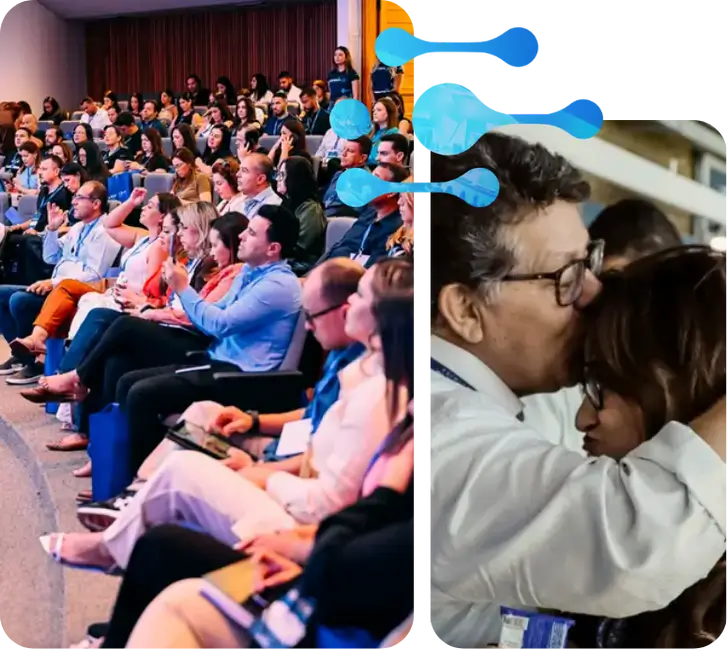 Plateia lotada em um auditório e participantes se abraçando durante uma edição do Conexão Maximiza