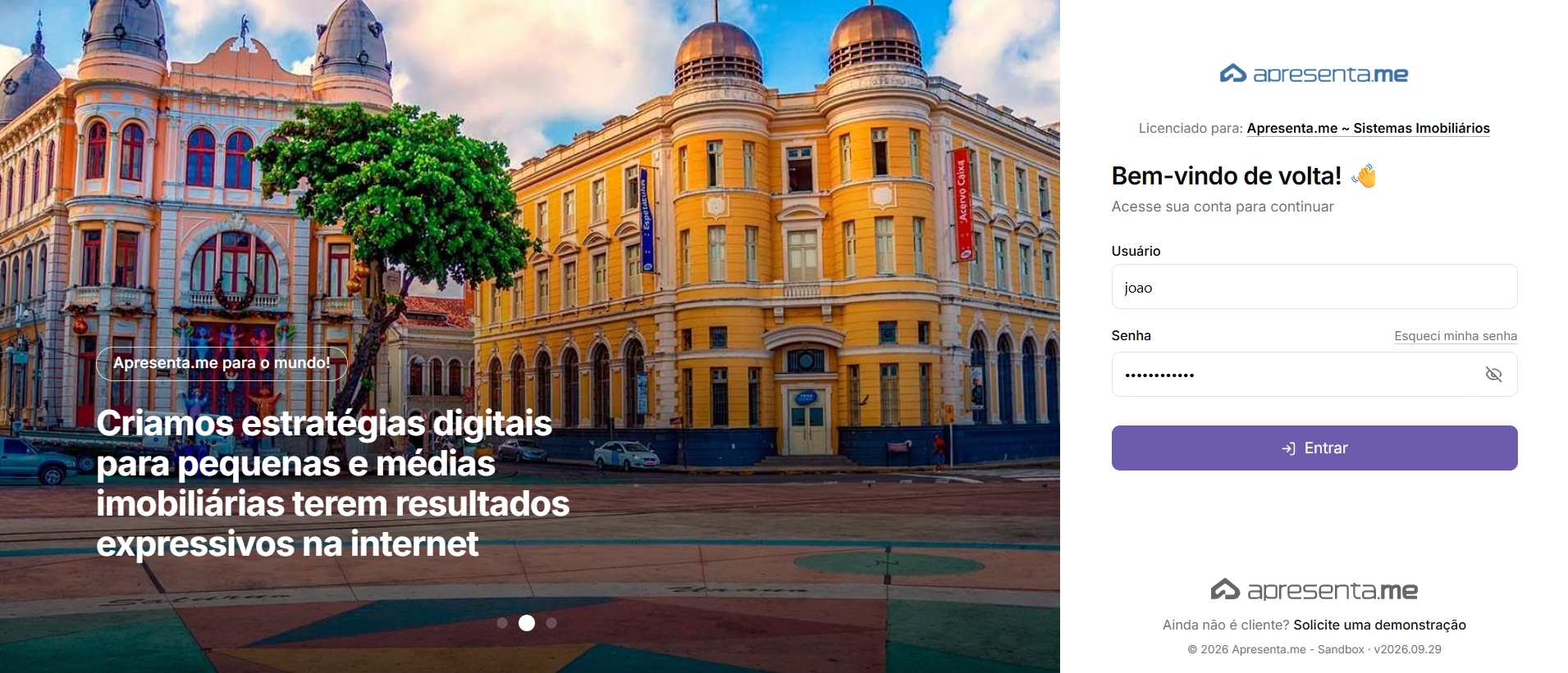Nova tela de login da Apresenta.me
