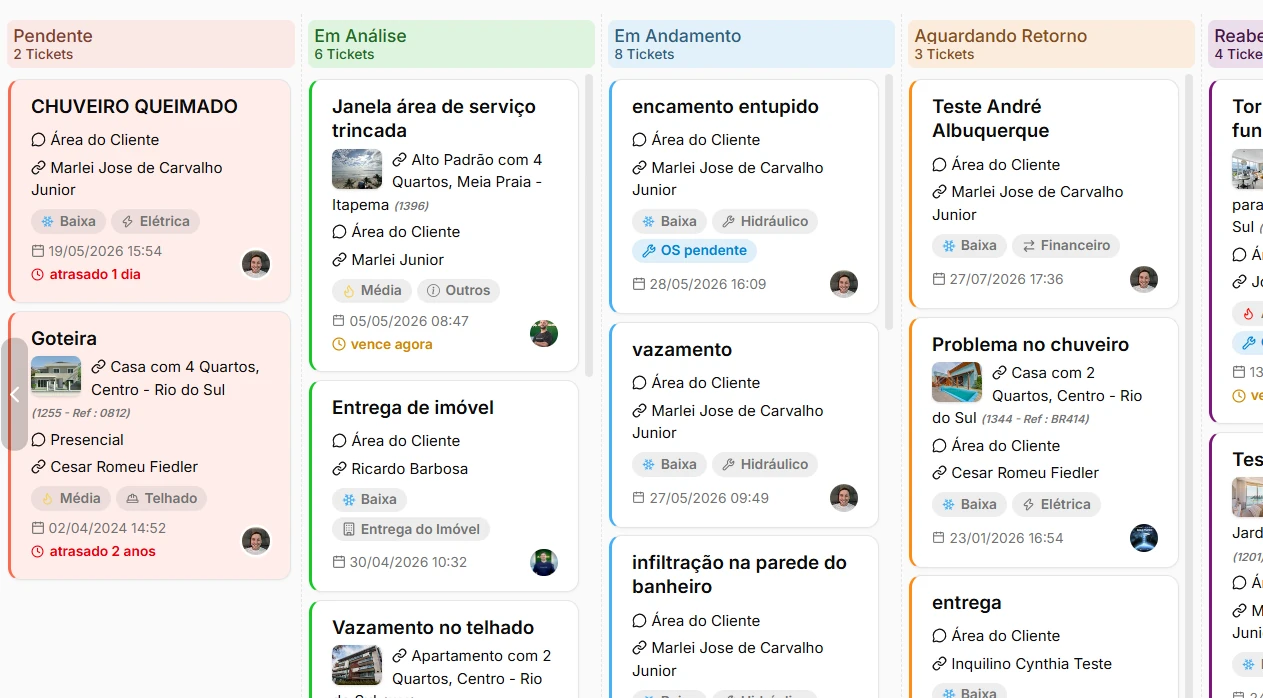 Tela de Tickets em Painel do CRM, com as demandas organizadas em colunas por etapa