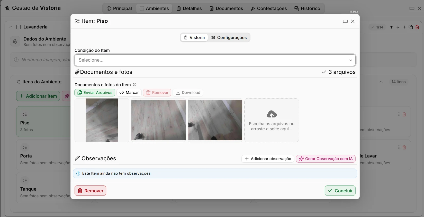 Tela de gestão da vistoria: item Piso de um ambiente, com a condição do item, três fotos anexadas e o campo de observações
