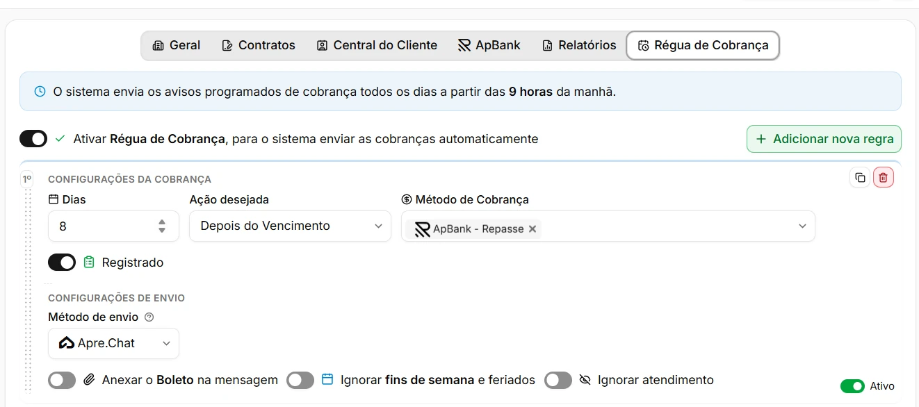 Tela de configuração da Régua de Cobrança do sistema Apresenta.me