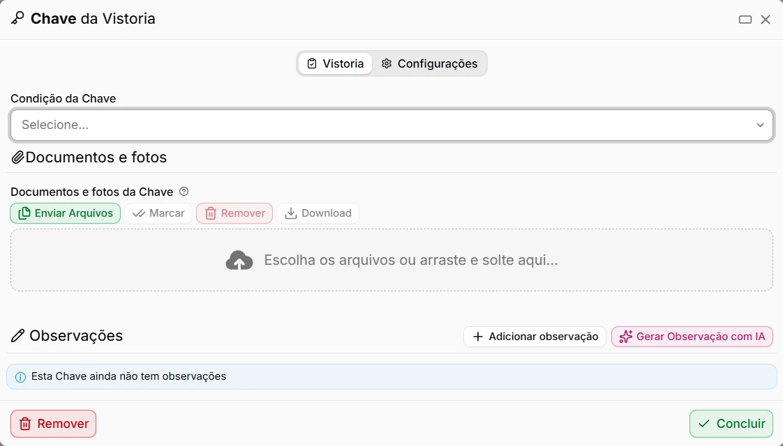 Tela Chave da Vistoria: condição da chave, documentos e fotos e observações