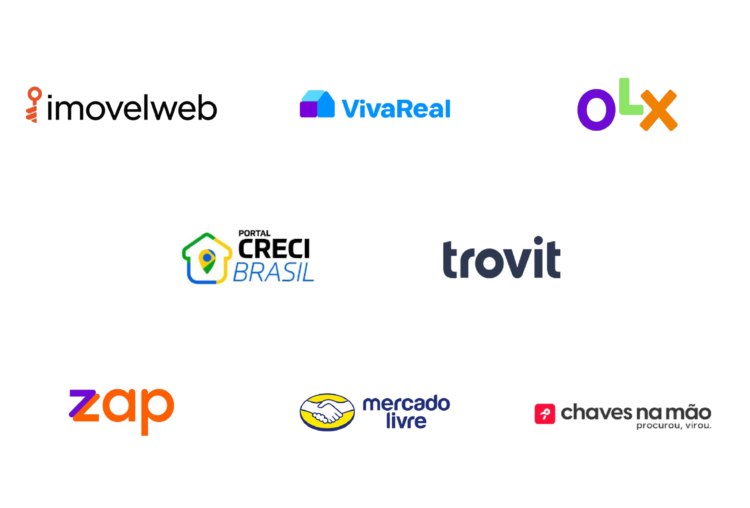 Logos de portais imobiliários integrados: Imovelweb, VivaReal, OLX, Portal CRECI Brasil, Trovit, Zap, Mercado Livre e Chaves na Mão