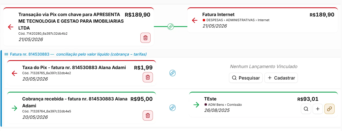 Tela de Conciliação bancária do sistema Apresenta.me