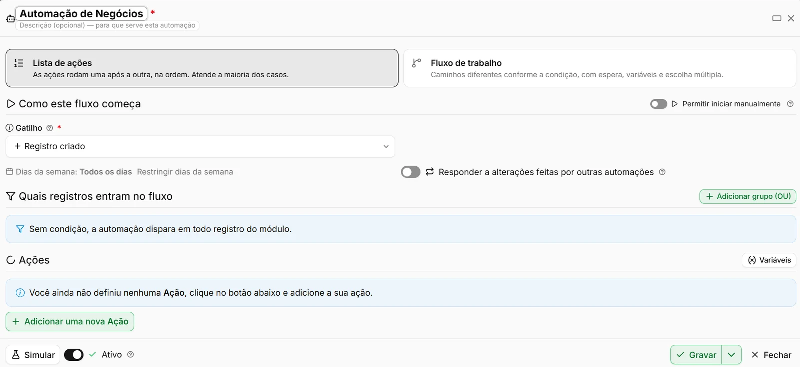 Tela de criação de uma automação de negócios, com a escolha entre lista de ações e fluxo de trabalho, gatilho, condições e ações