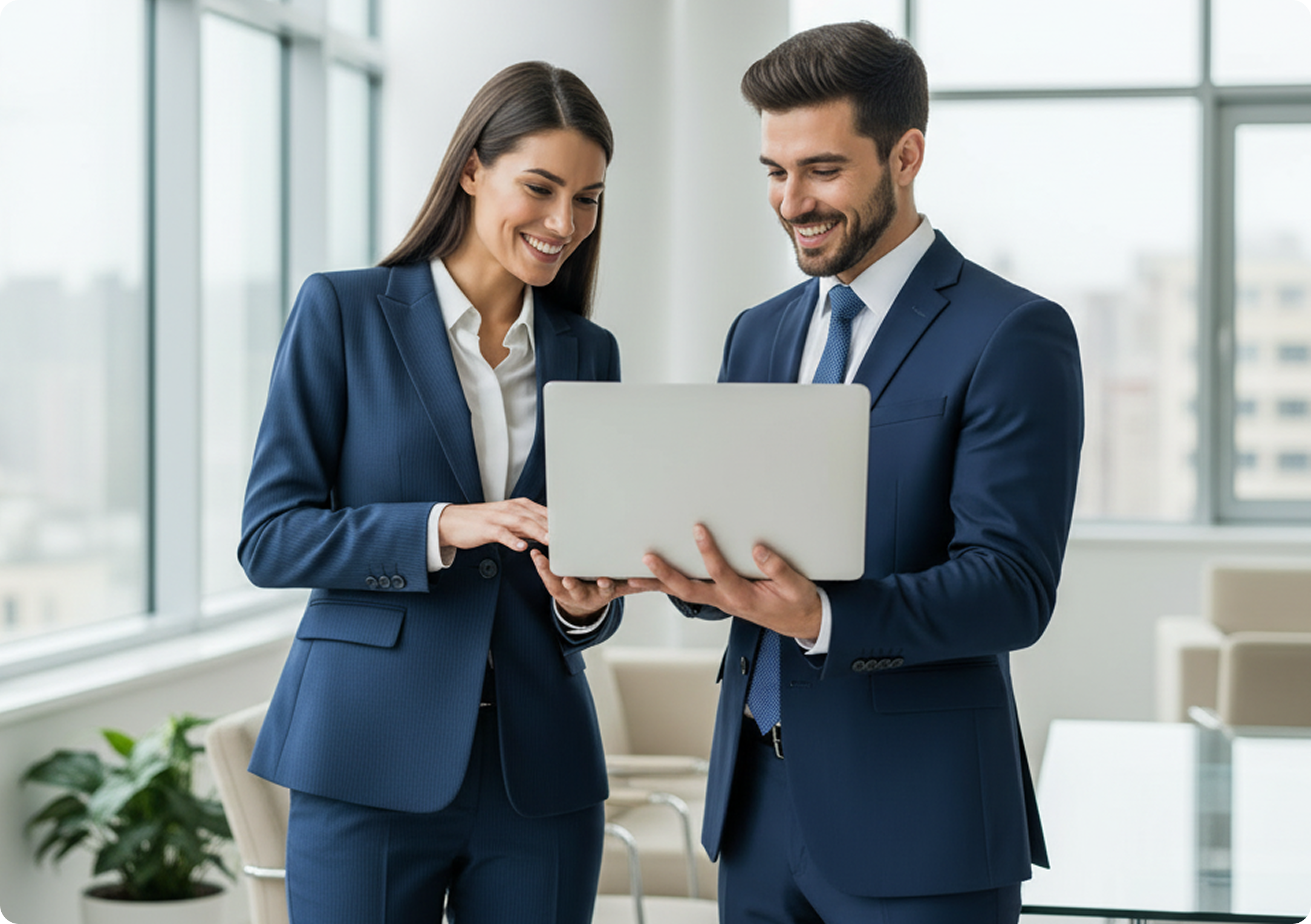 Dois profissionais sorridentes analisando juntos um notebook em um escritório