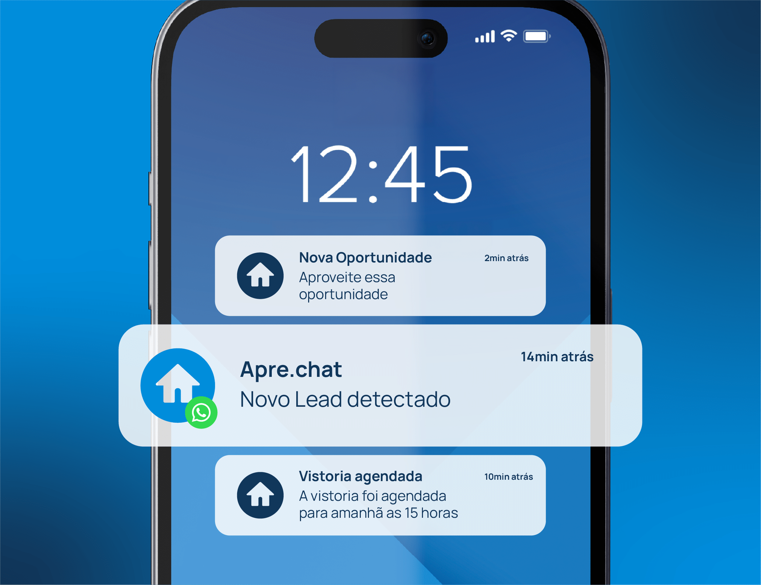 Celular com notificações de nova oportunidade, novo lead no Apre.chat e vistoria agendada