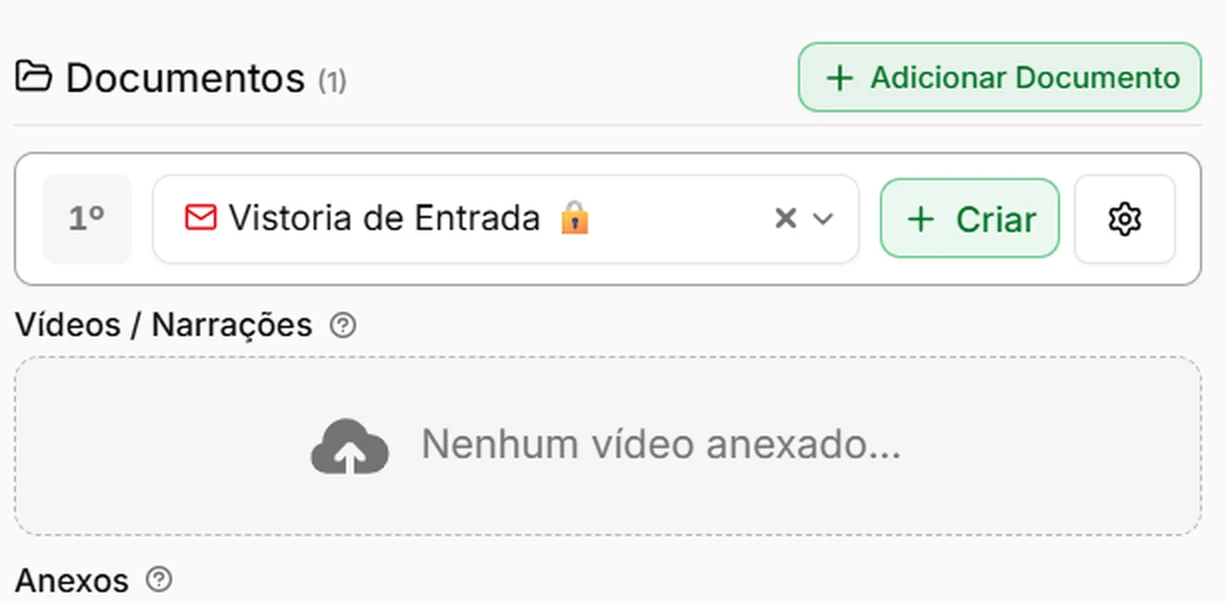 Tela de documentos da vistoria: documento Vistoria de Entrada com o botão Criar para gerar o laudo, vídeos e narrações e anexos