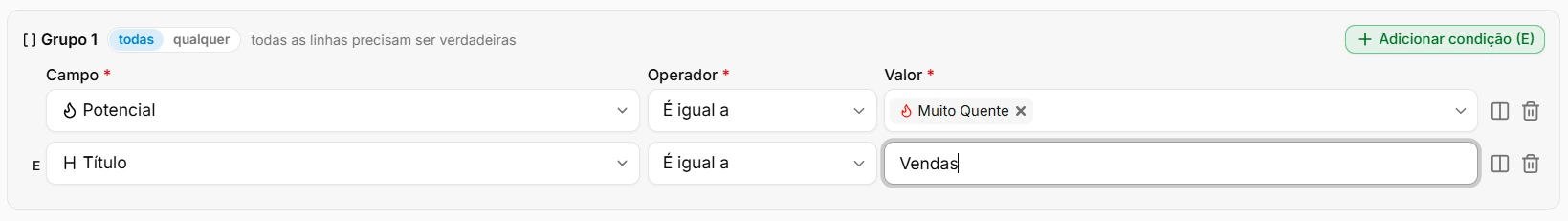 Condições do fluxo: grupo com as linhas Potencial é igual a Muito Quente e Título é igual a Vendas, combinadas com E