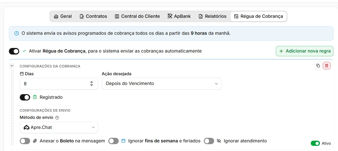 Configuração da régua de cobrança do Apresenta.me, com dias, ação e método de envio pelo Apre.Chat