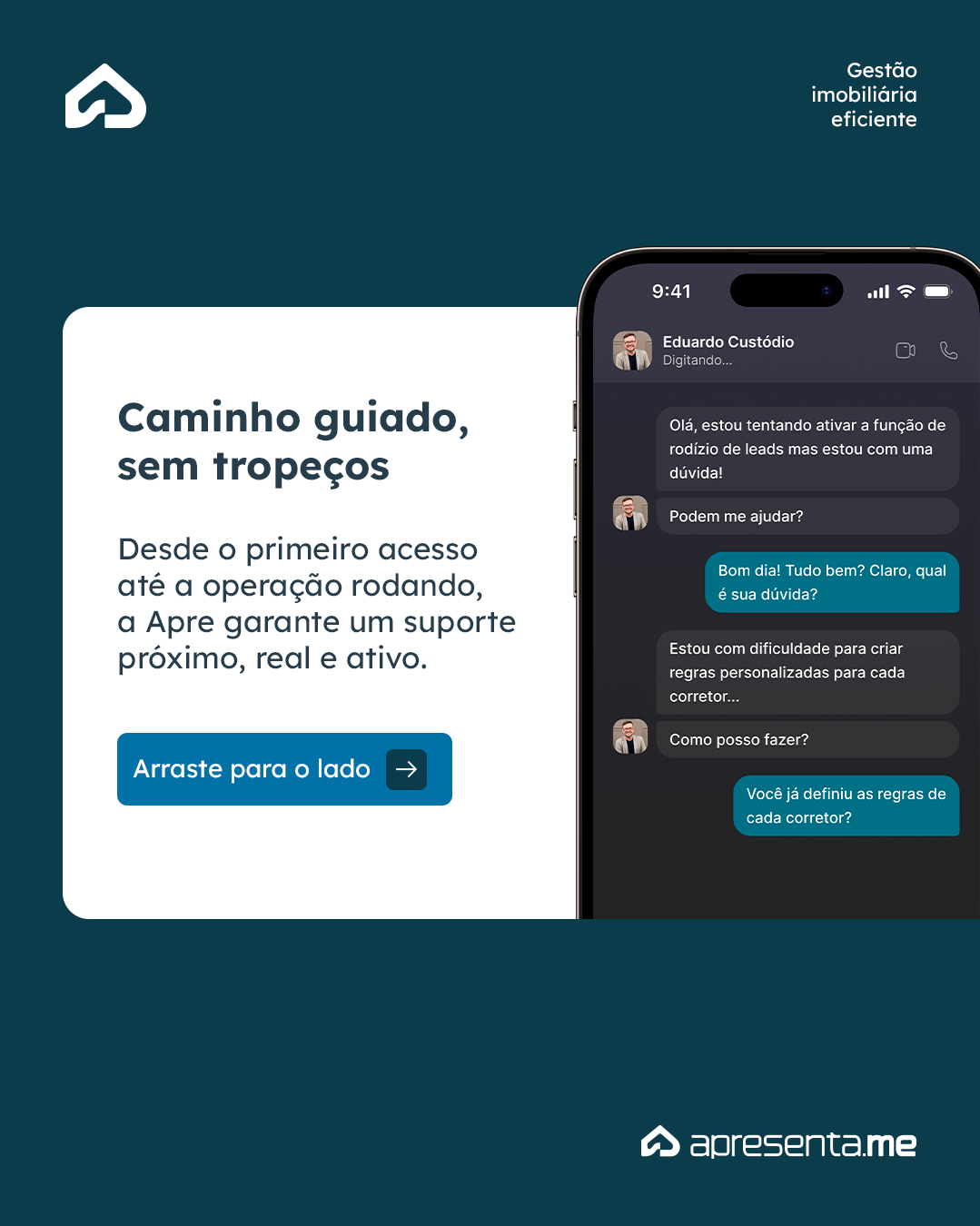 Post de depoimento: “Caminho guiado, sem tropeços”, com uma conversa de suporte da Apresenta.me na tela do celular