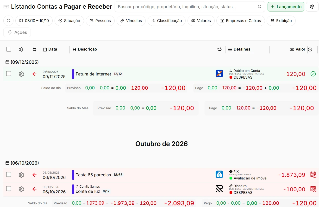 Tela de Contas a pagar e receber do sistema Apresenta.me