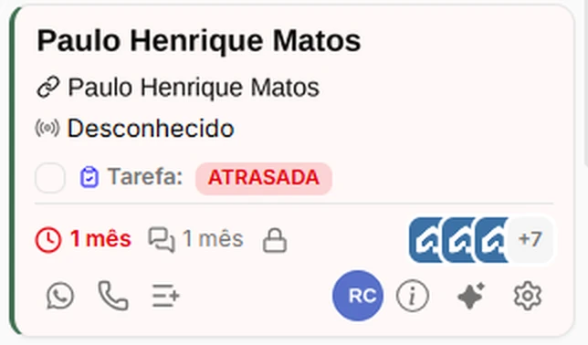 Cartão do negócio com tarefa atrasada e responsáveis