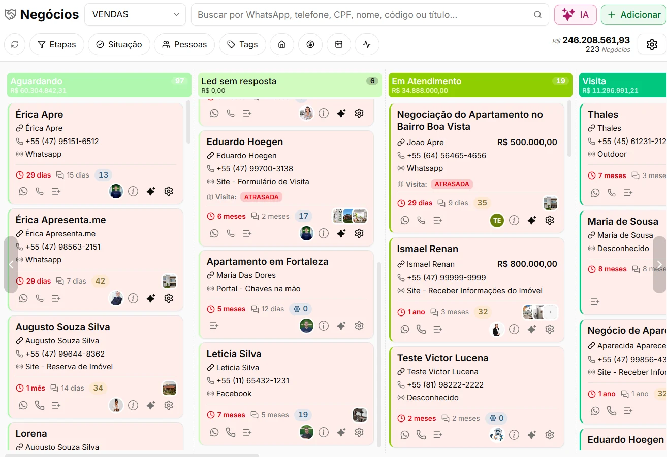 Tela do Painel de Negócios do CRM da Apresenta.me, com o funil de vendas em colunas por etapa